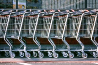 A row of nested shopping carts seen from above