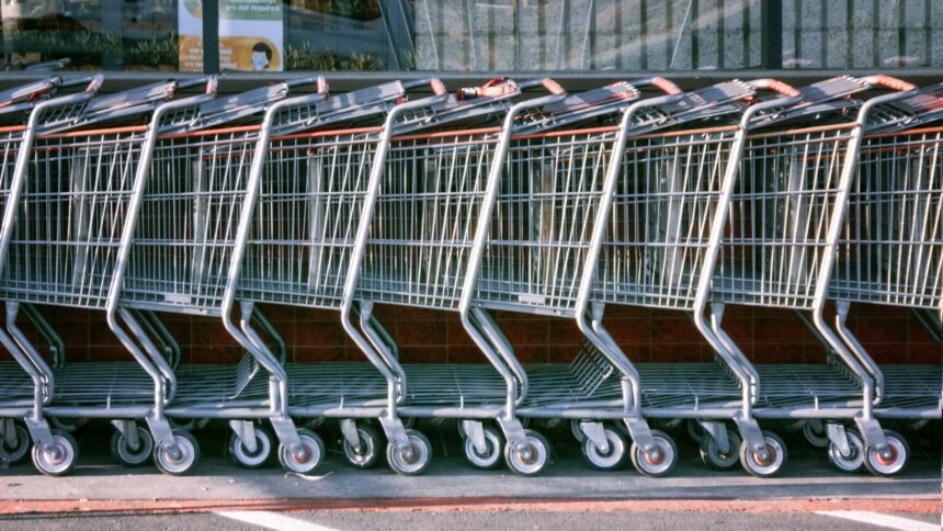 A row of nested shopping carts seen from above