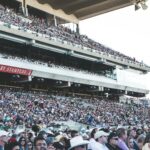 The grandstand crowd at Stampede Park in Calgary