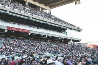 The grandstand crowd at Stampede Park in Calgary