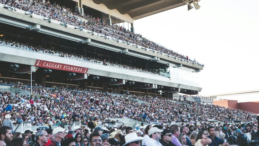 The grandstand crowd at Stampede Park in Calgary