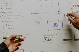 Two people working through a plan on a whiteboard in an office