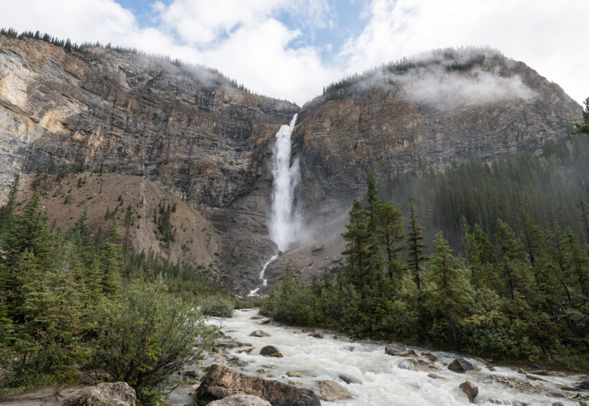 Takakkaw Falls dropping down a sheer rock face in Yoho National Park