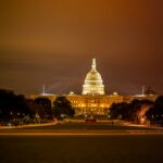 The United States Capitol building lit up at night