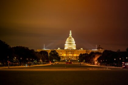 The United States Capitol building lit up at night