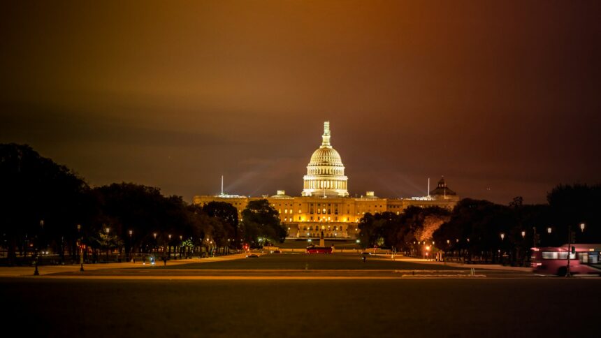 The United States Capitol building lit up at night