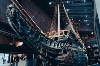 The warship Vasa on display in its museum hall in Stockholm, Sweden