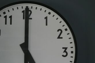 A close-up of a wall clock face