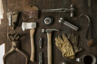 Worn hand tools and leather work gloves laid out on a wooden bench