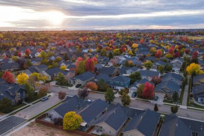 Aerial view of a residential neighbourhood with autumn trees at sunset