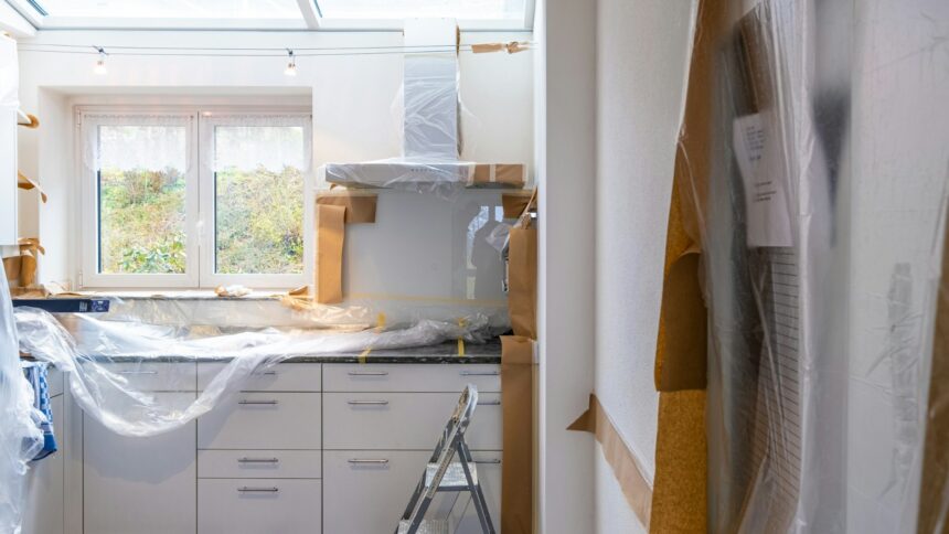 Kitchen with white cabinets covered in plastic sheeting during a renovation
