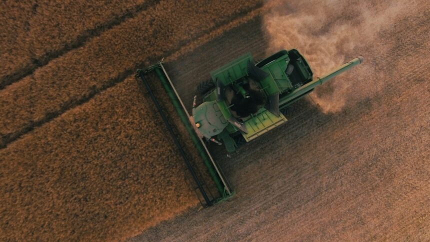 Green combine harvester cutting a wheat field, seen from above, with dust trailing behind