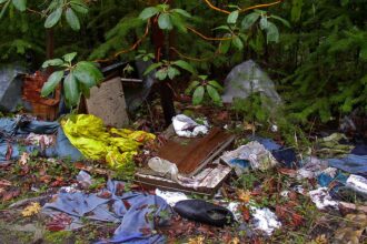Clothing, boards and household rubbish dumped on the ground beneath evergreen branches