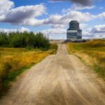 Weathered grain elevator at the end of a gravel road through prairie grass under a cloudy sky