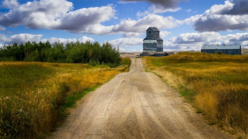 Weathered grain elevator at the end of a gravel road through prairie grass under a cloudy sky
